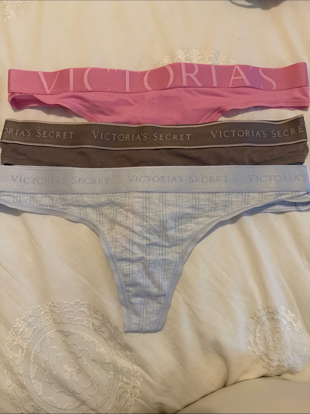Victoria's Secret Thong 3-Pack in Pink, Taupe, Light Blue